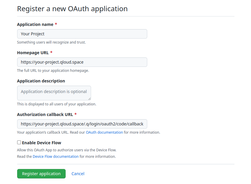 GitHub Create App Form